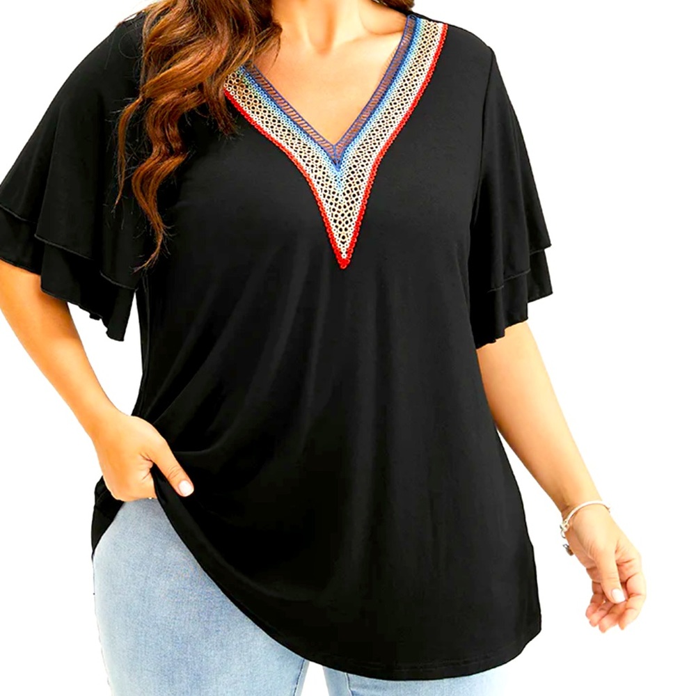 Solid Crochet Lace Ruffle Tiered Sleeve V Neck T-Shirt